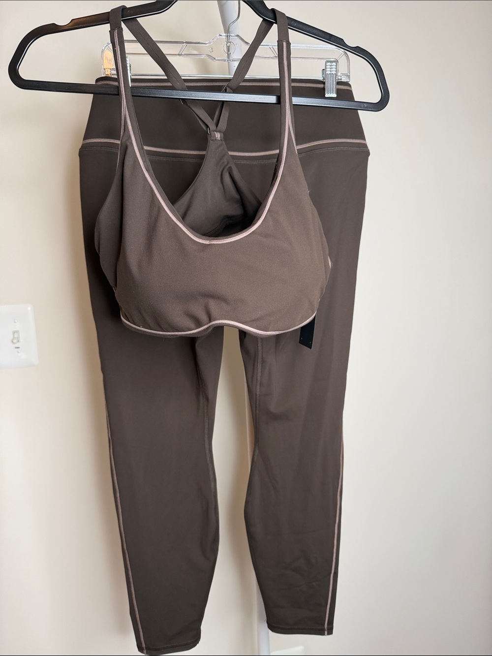 Fabletics Brown Wireless Sports Bra and Leggings Set with Taupe Trim